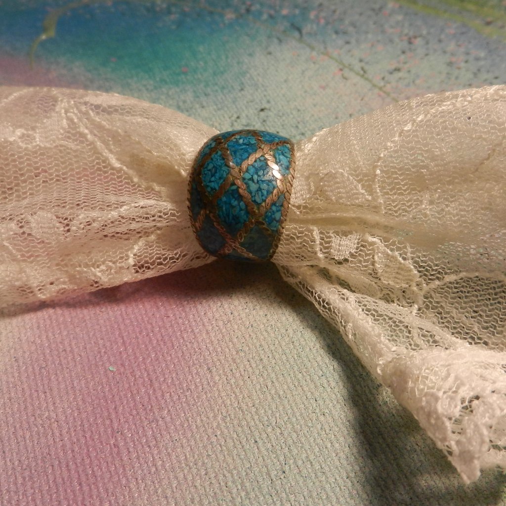 Vtg Artisan Silver Turquoise Ring 925 Mexico Zuni Diamond Grid Ornate Size 8